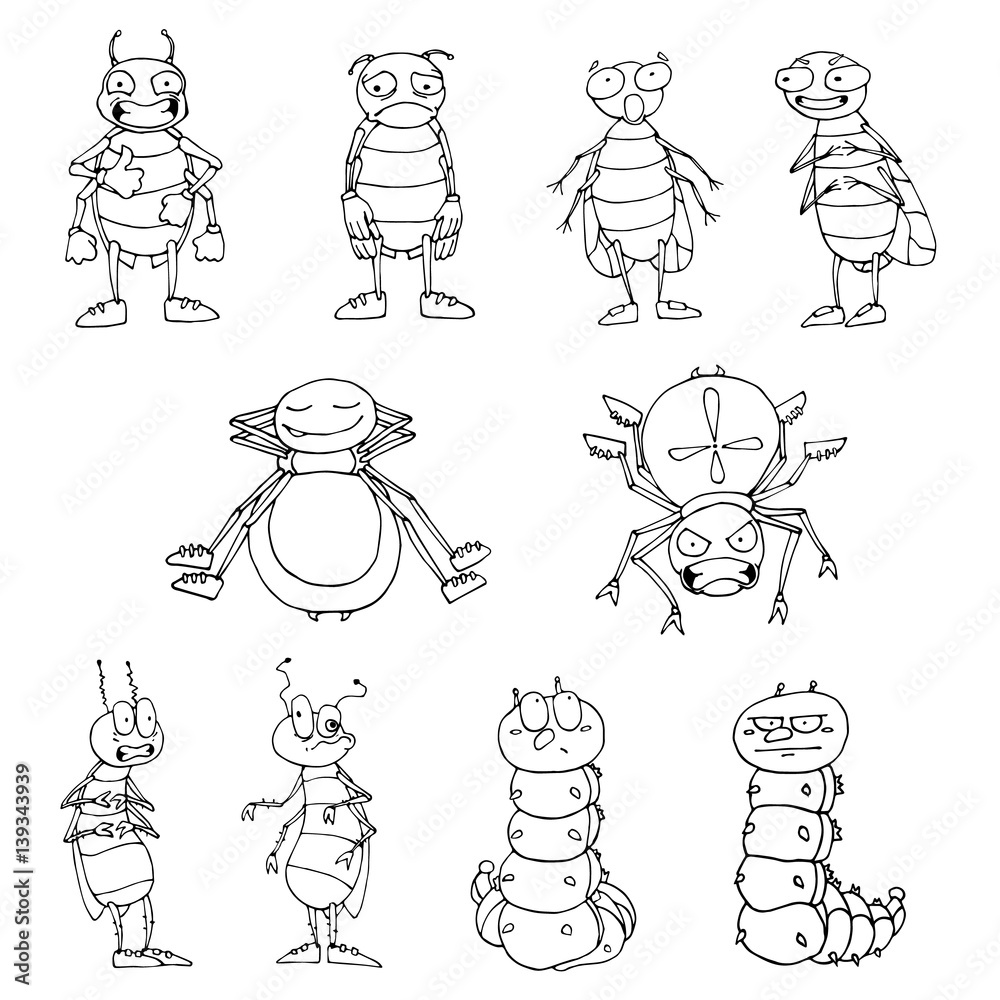 Set of vector insects. Spiders, flies, beetles, caterpillars. Cartoon ...