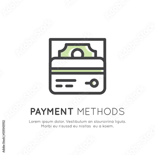 Vector Icon Style Illustration of Cash and Plastic Credit or Debit Card Payment Methods, Isolated Simple Template