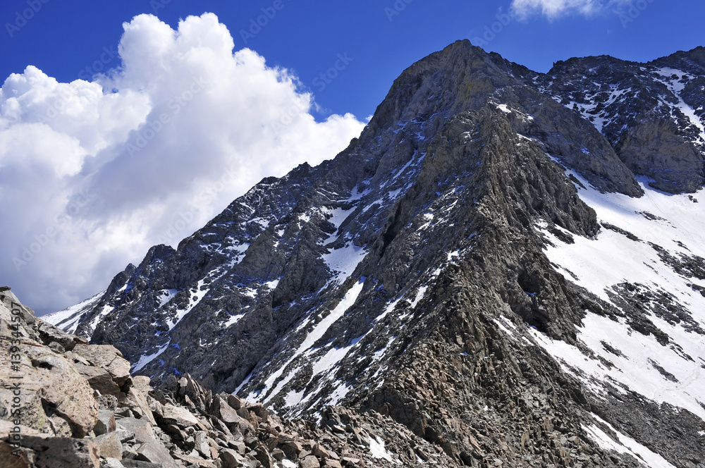 Snow covered alpine landscape in mountainous avalanche terrain on Colorado 14er Little Bear Peak, terrain sensitive to climate change, Sangre de Cristo Range, Rocky Mountains, Colorado USA