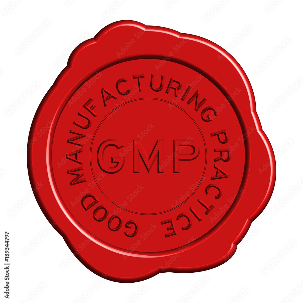 Red GMP (Good manufacturing practice) round wax seal on white background Red GMP (Good manufacturing practice) round wax seal on white background