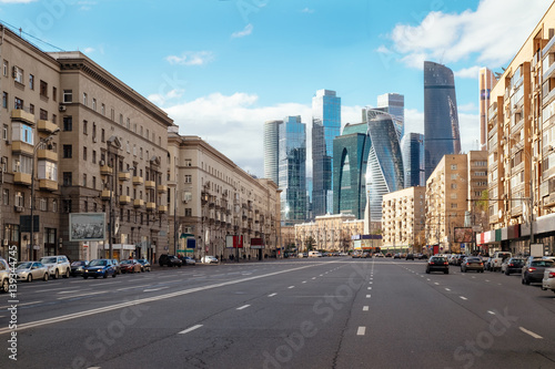 Landscape of Moscow architecture combining modern and old parts of city, Russia. Outdoor architecture with modern skyscrapers and old city