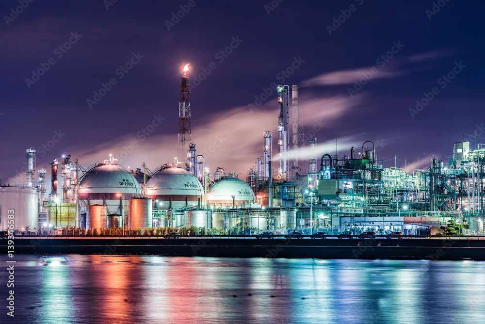 Waterfront night view of factory