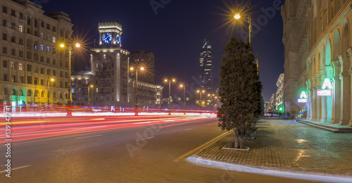 The night view of Heydar Aliev avenue in Baku, Azerbaijan, light trails of road trafic photo
