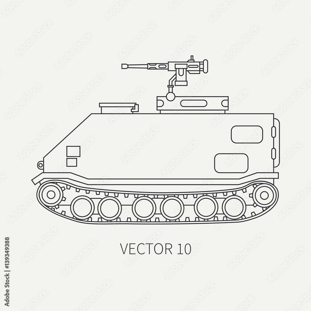 Line flat plain vector icon infantry assault armored army truck. Military amphibious vehicle. Cartoon vintage style. Soldiers. Tractor unit. Tow auto. Simple. Illustration and element for your design.