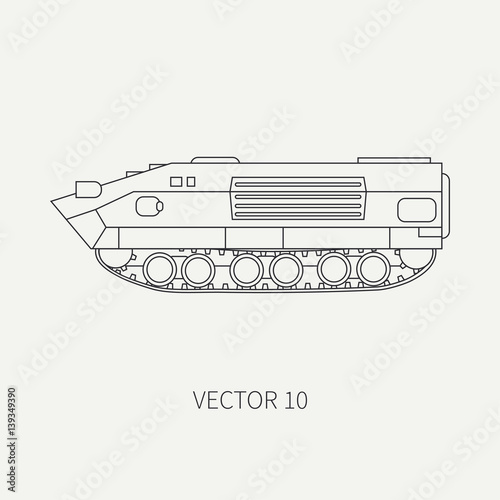Line flat plain vector icon infantry assault armored army truck. Military amphibious vehicle. Cartoon vintage style. Soldiers. Tractor unit. Tow auto. Simple. Illustration and element for your design.
