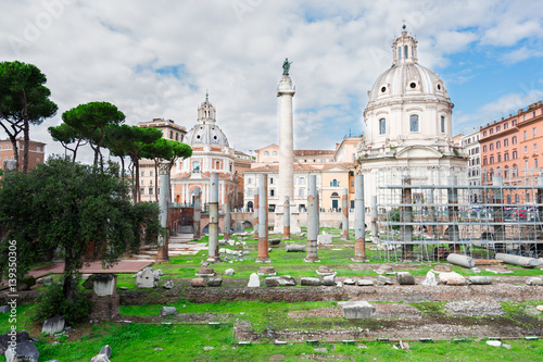 Forum - Roman ruins with column of Trajan, antique Rome, Italy