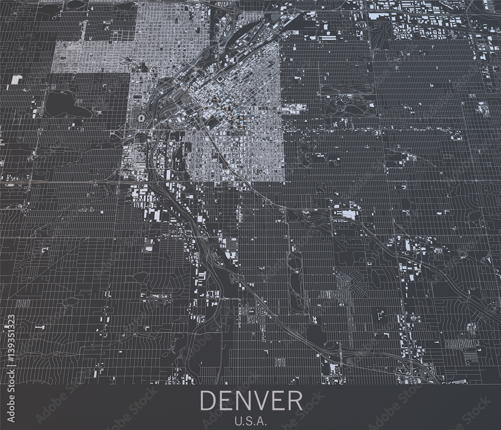 Obraz premium Cartina di Denver, vista satellitare, Stati Uniti. 3d rendering