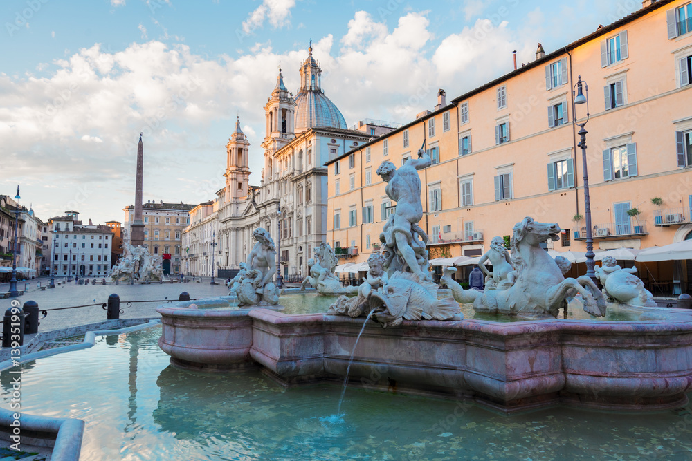panoramic view of Piazza Navona and fountain del Moro in Rome, Italy