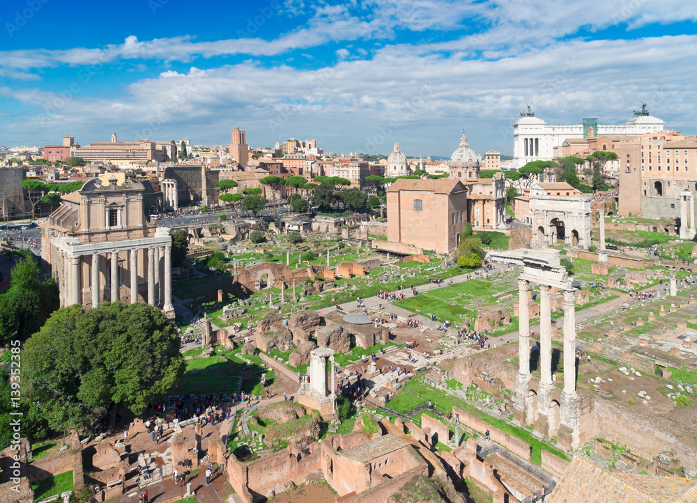 Forum - Rome cityscape with famous antique ruins, Italy