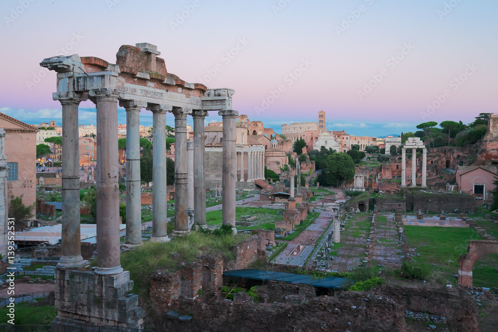 Roman Forum - ancient ruins in Rome at soft twilight, Italy