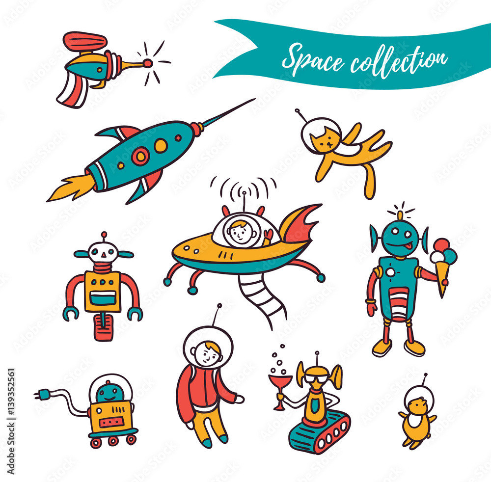 Vector space elements - funny ufo, robots and space rockets . Colorful set isolated on the white background.