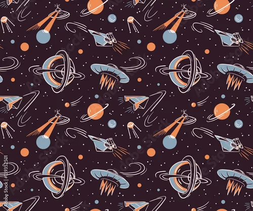 Tapety Przestrzeń wektor wzór. Kosmiczna tkanina z rakietami, planetami, gwiazdami i satelitami.