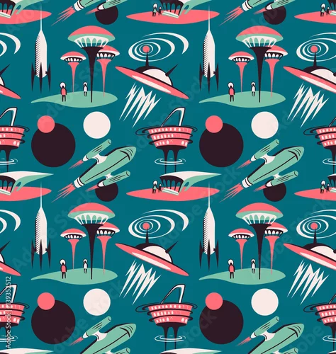 Tapety Kosmiczne miasto przyszłości - wektor wzór. Kosmiczna tkanina z rakietami i nowoczesnym miastem.
