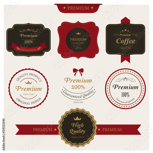 Set of coffee and bakery label for design vintage style. Banner vector red and black theme design.