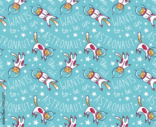 Tapety Śmieszny kota astronauta w przestrzeni, wektorowy bezszwowy wzór. Kot jako kosmonauta, skafander kosmiczny, zabawny wzór bez szwu, projekt dla dzieci.