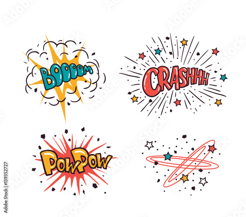 Comic speech bubbles set isolated on the white background, vector illustration. Crash, boom, pow pow - cartoon lettering.