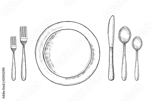 Plate knife fork and spoon sketch. cutlery set Vintage vector illustration
