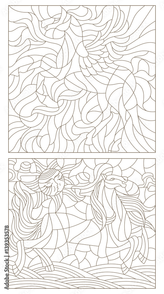 Set contour illustration of stained glass with abstract horses