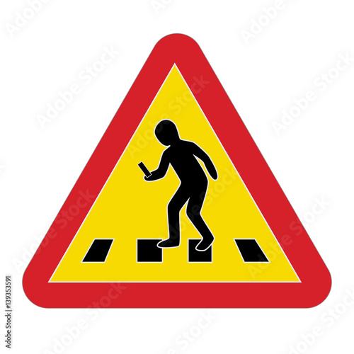 Traffic sign warning pedestrian smartphone, vector