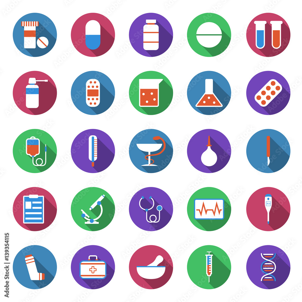 Set of medical icons. Collection of pharmacy and medicine icons on white background. Healthcare icons in flat style. Vector illustration. Set of medical icons. Collection of pharmacy and medicine icons on white background. Healthcare icons in flat style. Vector illustration.