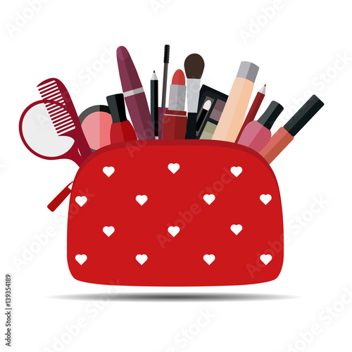 red bag with cosmetics on a white background