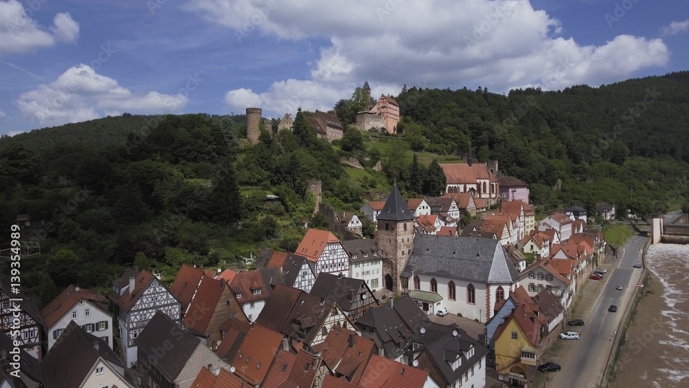 Fototapeta premium Ancient town village of HIRSCHHORN in Hesse district of Germany on banks of Neckar river, Hesse, Germany, Aerial, Mai 2016