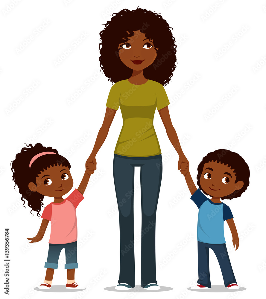 cute cartoon illustration of an African American mother with kids ...