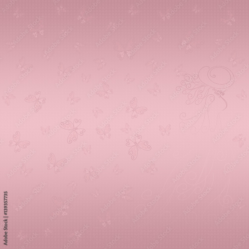 Romantic pattern with lady and butterflies on a pink gold background 