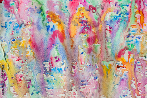Abstract watercolor all colors of the rainbow background painting with spray, spots, splashes. Hand drawn on paper grain texture. For modern design.