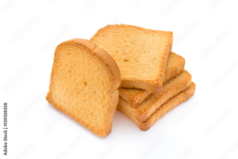 Slices of toast bread on wooden table, top view.