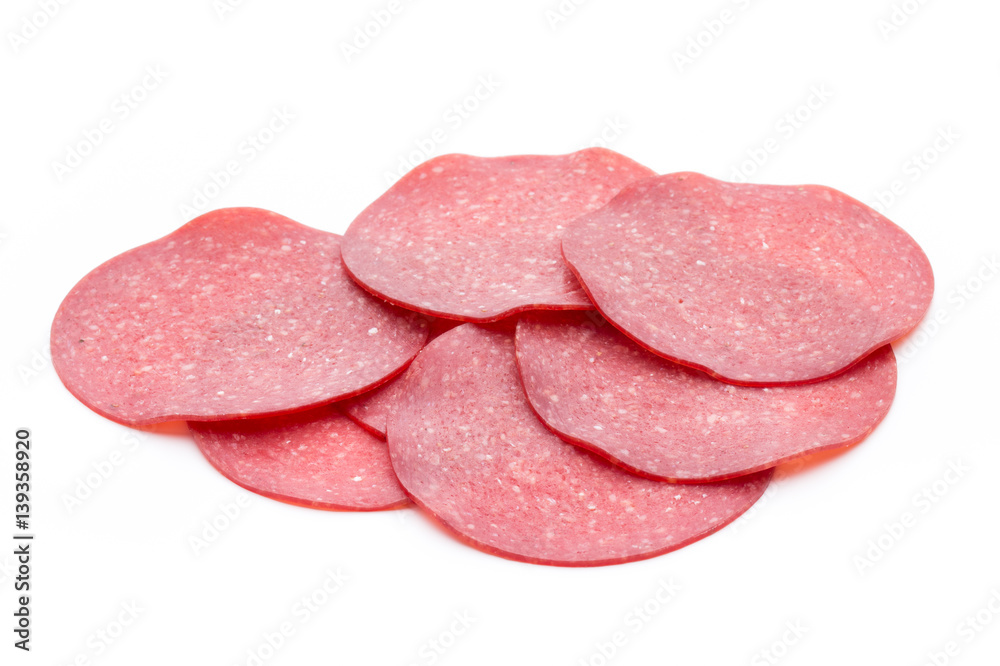 Salami smoked sausage one slice isolated on white background cutout.