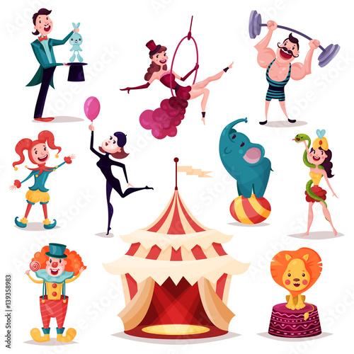 Clown and magician near circus tent or camp