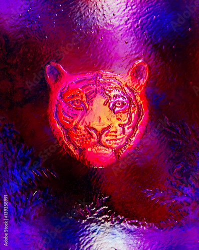 head of a young tiger on abstract background with graphic structure and glass effect.