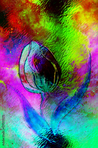 dancing tulip flower motive on abstract background, space collage and glass effect.