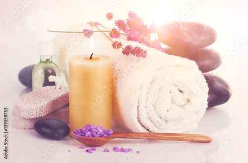 Spa still life with lavender saltl isolated on white background.