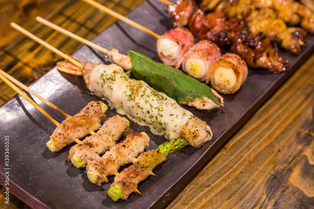 various kind of traditional japanese bbq grilled chiken - Yakitori.