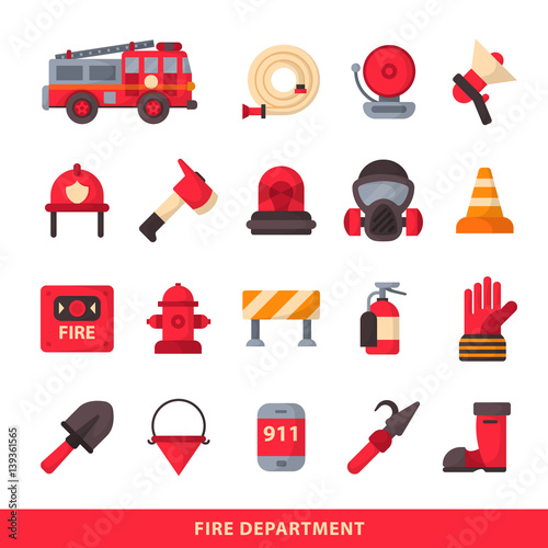 Set of designed firefighter elements coloured fire department emergency icons and water safety danger equipment fireman protection vector illustration.