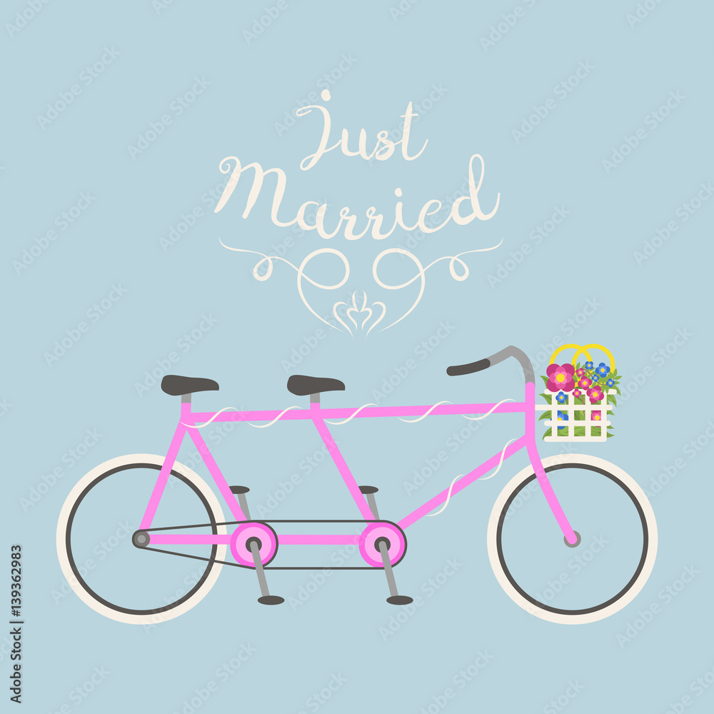 Hipster bicycle wedding just marriage flat vector illustration.