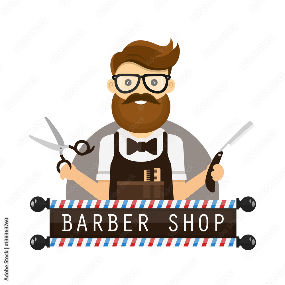young hipster man barber. vector flat design illustration icon cartoon  character. concept logo for barber shop. scissors and a razor in hands,  glasses, beard. isolated on white background Stock Vector | Adobe