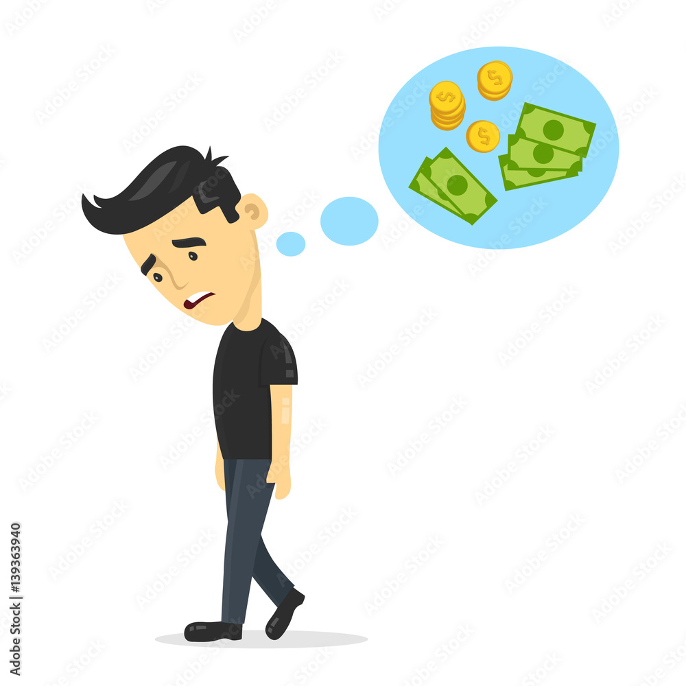 sad young guy without work dreaming, thinks about money. vector flat cartoon man character design illustration. Isolated on white background. unemployment business concept