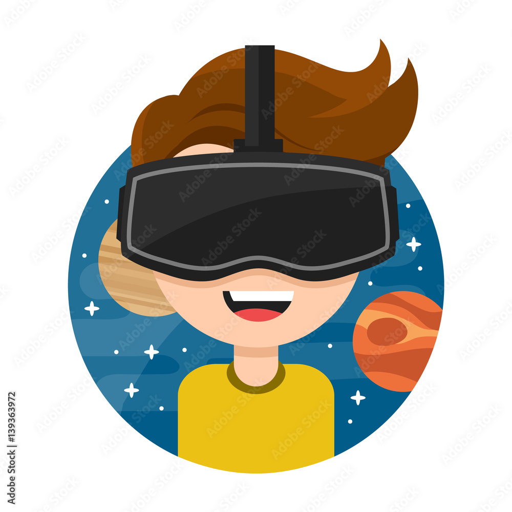 Young man with glasses of virtual reality. .. Flat vector icon cartoon  character illustration design. New Gaming Cyber technologies. Glasses VR.  Space. Isolated on white background Stock Vector | Adobe Stock