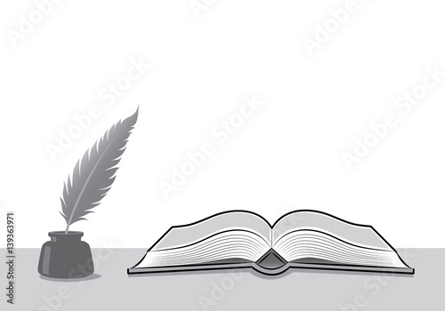 Feather pen and inkwell with open book. Drawing of ancient pen on the table in doodle style. Concept for education.