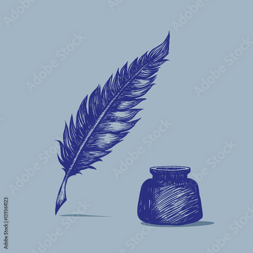 Feather pen and inkwell. Drawing of ancient pen in doodle style. Concept for education.