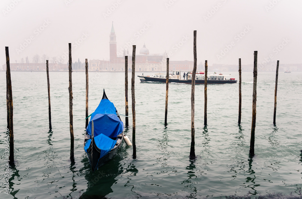 Moored Gondola in Venice on a Foggy Winter Day