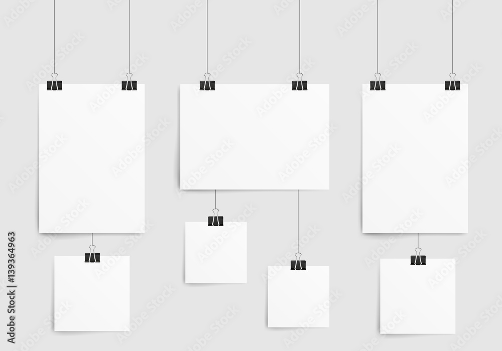 Poster template of a paper sheet. Collection empty paper frame mockup hanging with paper clip. Isolated on white background. Vector illustration.