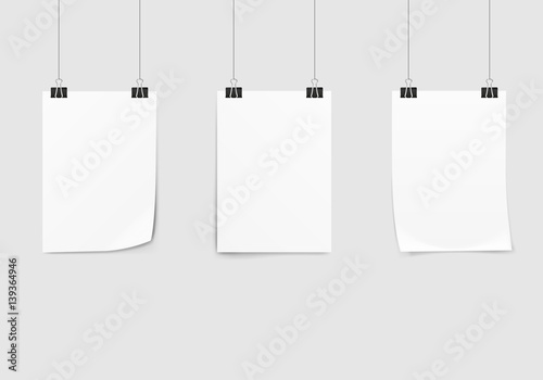 Poster template of a paper sheet. Collection empty paper frame mockup hanging with paper clip. Isolated on white background. Vector illustration.