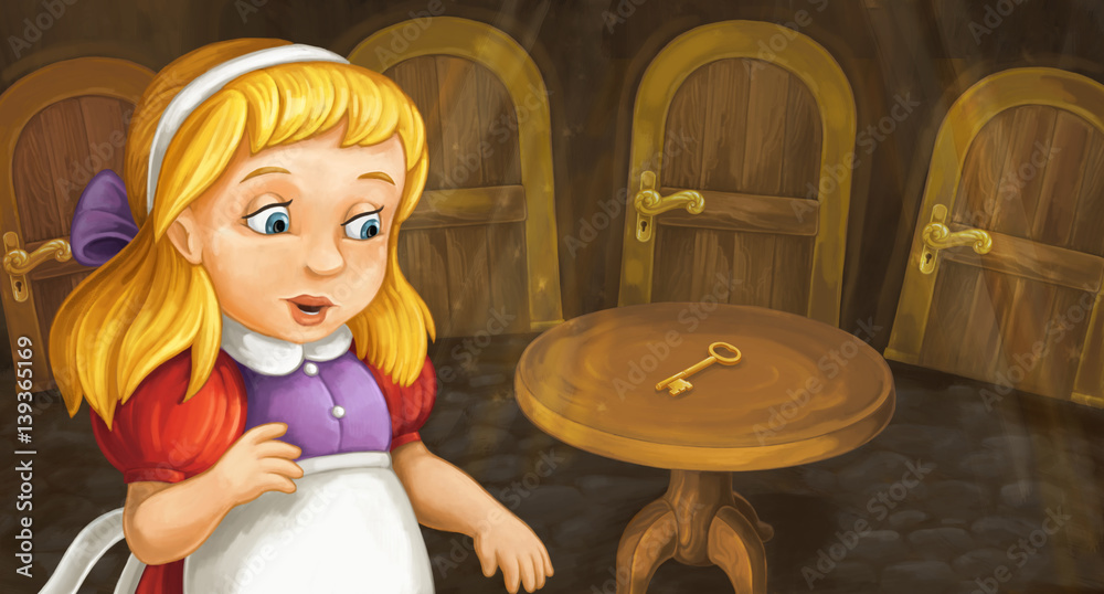 cartoon cute little girl sitting and looking at table with key on it cartoon cute little girl sitting and looking at table with key on it