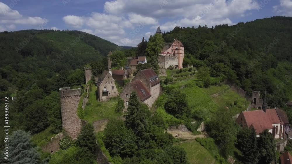 Ancient town village of HIRSCHHORN in Hesse district of Germany on banks of Neckar river, Hesse, Germany, Aerial, Mai 2016 Ancient town village of HIRSCHHORN in Hesse district of Germany on banks of Neckar river, Hesse, Germany, Aerial, Mai 2016