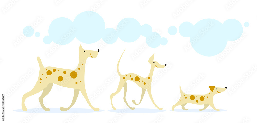 Obraz premium Running dogs; Three smiling cheerful dogs golden color in red spots running under the blue clouds. On a white background