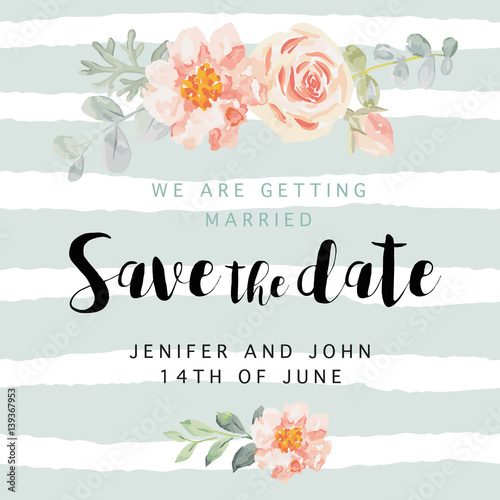 Wedding invitation card template. Pale pink roses and peonies with gray leaves on the striped background. Romantic vector illustration.